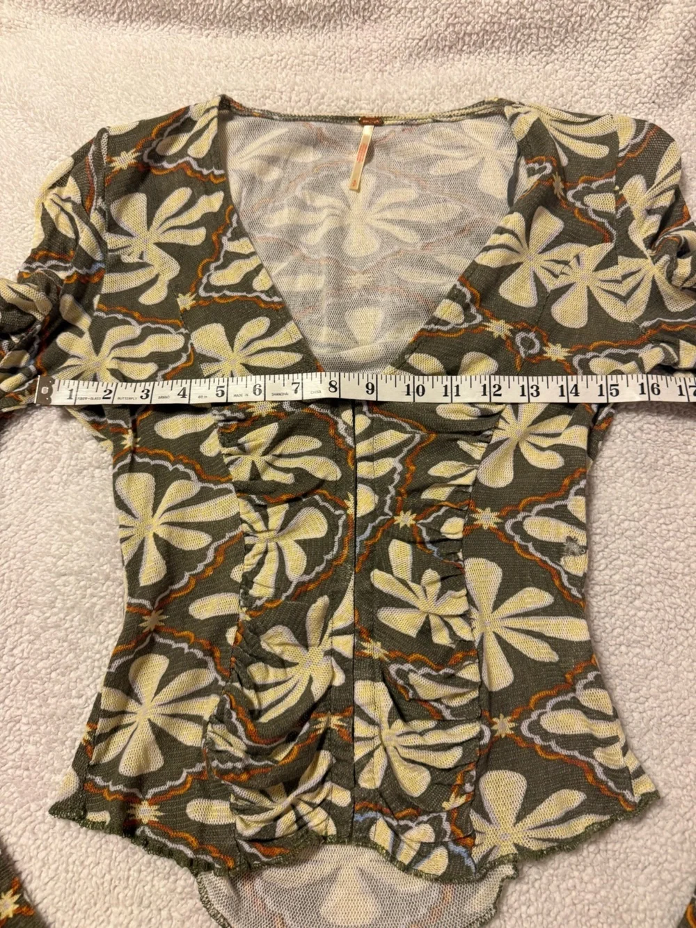 Free People Through The Meadow Ruched Mesh Top Boho V-Neck Cream Floral Green